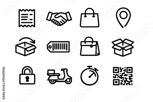 E-commerce and delivery line icons set featuring shopping bag receipt handshake location pin return box price tag padlock scooter stopwatch