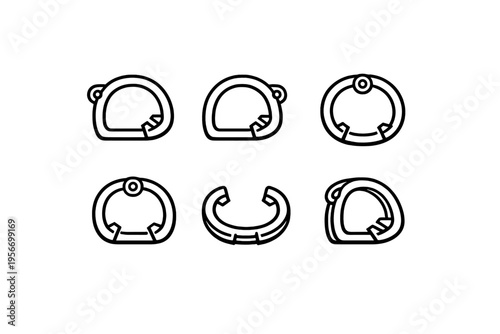 Set of climbing carabiner icons for outdoor sports and mountaineering equipment design isolated on white background