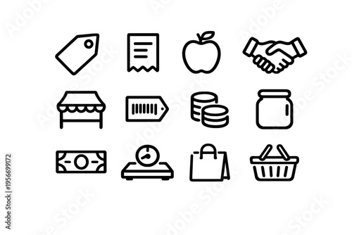 Collection of black and white line icons for retail commerce and local market shopping featuring price tags money scales and grocery items
