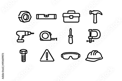 Construction and carpentry hand tools icon set including hammer drill screwdriver and safety equipment on white background