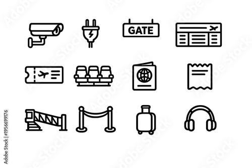 Set of airport and travel icons including passport boarding pass suitcase security camera gate sign and terminal seating for tourism