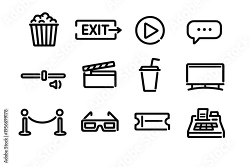 Collection of cinema and movie theater icons including popcorn clapperboard ticket and 3d glasses for entertainment design projects