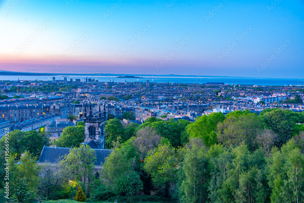 Fototapeta premium Sunset aerial view of harbour district of Edinburgh, Scotland
