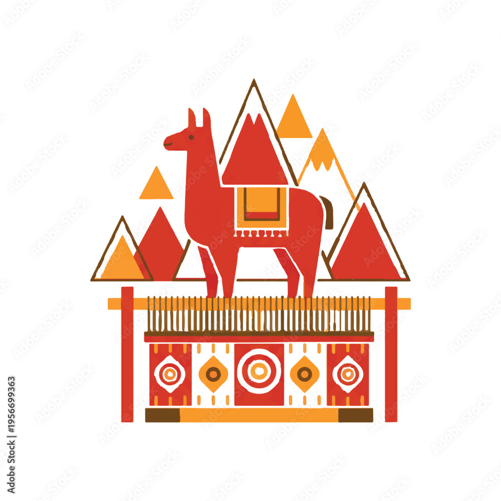 Naklejka premium Modern ethno-minimalism vector illustration of an Andean weaving scene, stylized llama and mountain peaks, geometric folk motifs. Isolated on white background.