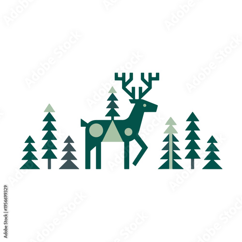 Minimalist vector illustration of a deer with geometric shapes in a forest of pine trees. Modern flat design in green tones, inspired by Scandinavian and Nordic style.