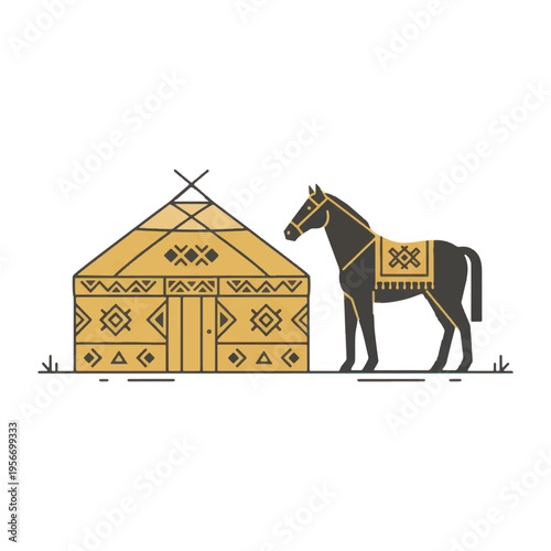 Minimalist vector illustration of a Central Asian yurt and horse, geometric folk ornaments, isolated on white background.