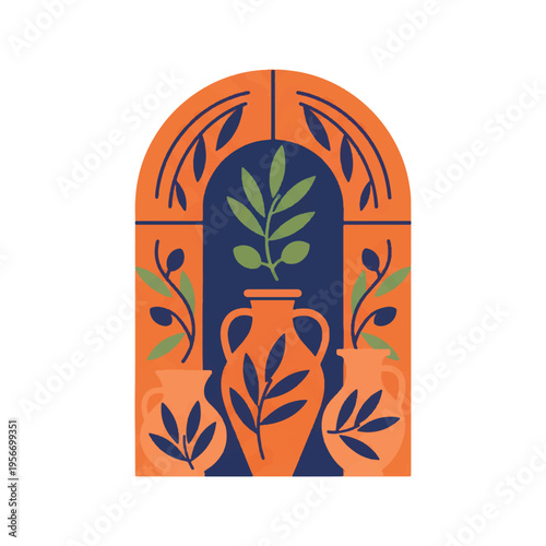 Modern ethnic style vector illustration of decorative vases with plant branches in an arch niche. Minimalist flat design with botanical elements in warm earthy colors and Mediterranean style.