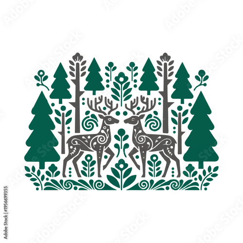 Modern ethno-minimalism vector illustration of a Nordic folk forest with stylized deer and Rosemaling floral patterns. Isolated on white background.