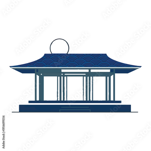 Minimalist vector illustration of a traditional East Asian pavilion with a blue wave-patterned roof and a stylized sun disk. Clean, geometric design suitable for travel, culture, and zen concepts.