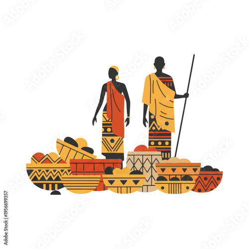 Minimalist vector illustration of a West African market scene, stylized woven baskets, Bogolan mud-cloth geometric patterns, modern ethno-minimalism, isolated on white background.