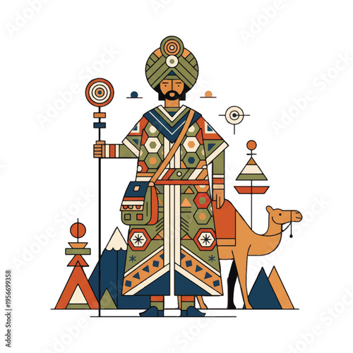 Modern vector illustration of a Silk Road merchant, geometric folk motifs, clean lines, ochre and deep green palette, minimalist composition, isolated on white background.
