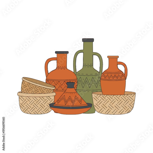 Modern ethno-minimalism vector illustration of traditional pottery and woven baskets, Moroccan zellige pattern details, minimalist everyday scene, natural pigments, isolated on white.