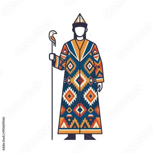 Modern ethno-minimalism vector illustration of a Central Asian nomad figure, stylized ikat pattern robes, clean geometric lines, rich ochre and indigo palette. Folk ornament motifs.