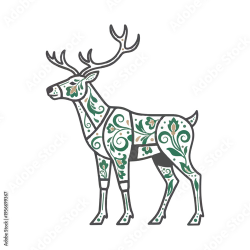 Modern ethno-minimalism vector of a Nordic reindeer, minimalist geometric lines, traditional rosemaling embroidery patterns, isolated on white background.