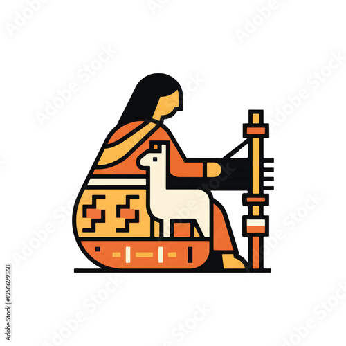 Modern ethno-minimalism vector of an Andean weaver, stylized Inca geometric step patterns, simplified alpaca silhouette, terracotta and ochre palette, isolated on white.
