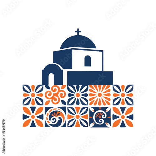 Minimalist Mediterranean scene vector, stylized Greek house silhouette, traditional folk tile patterns, deep indigo and terracotta pigments, isolated on white.