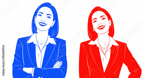 Businesswoman in Blue and Red Suits, Confident, Professional, Isolated on White