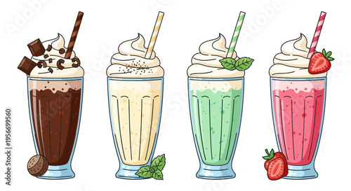 Four Delicious Milkshakes with Whipped Cream and Toppings, Isolated