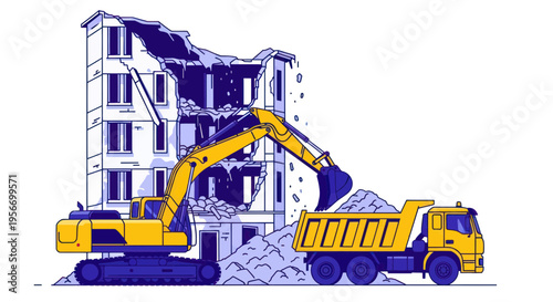 Demolition excavator and truck dismantling building, construction site, urban renewal concept
