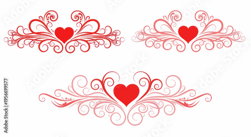 Decorative Red Hearts with Flourishes, Valentine's Day Design Elements