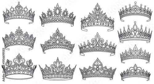 Collection of Ornate Royal Crowns and Tiaras, Elegant Designs, Hand-Drawn Sketch Style
