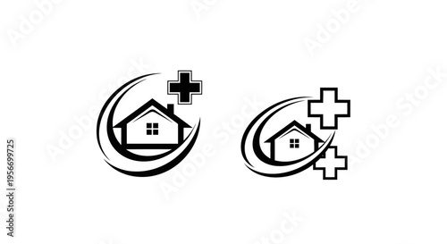 Home Healthcare Emblem: Clean and professional home healthcare emblem featuring a house, cross, and crescent. Symbolizing comfort, care, and medical attention.