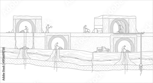 Construction Workers at Site: An architectural blueprint illustrating construction workers diligently engaged in various tasks at a construction site.