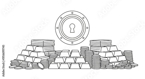 Gold bars behind Vault Door: A representation of wealth and security, gold bars are stacked in front of a vault door, signifying safeguarding and value.