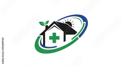 Wellness Home Symbol: A symbolic representation of a wellness home, designed with elements of health, nature, and comfort, evoking a sense of well-being and care.
