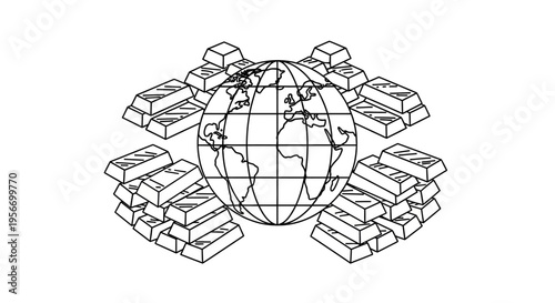 Global Financial Fortress: A graphic representation of the globe surrounded by gold bars, symbolizing global finance and economic power, offering a visually compelling narrative of wealth, trade.
