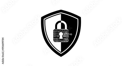 Digital Shield of Protection: A black and white graphic showcases a shield with a padlock, symbolizing robust security and data protection in the digital realm.