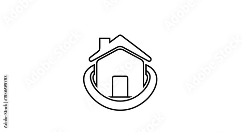 Home Protection Concept: A minimalist line drawing depicting a house within a protective circle, symbolizing home security, safety, and the concept of safeguarding property.