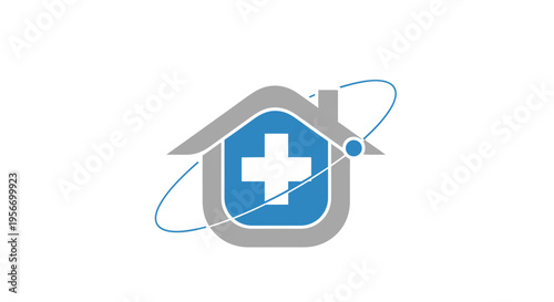 Home Healthcare Emblem: A minimalist emblem symbolizes healthcare services with a home silhouette and a medical cross, representing accessible and reliable health assistance.