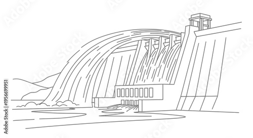 Majestic Dam and Flowing Water: A powerful dam stands tall, a testament to human engineering and innovation, as a cascade of water dramatically flows through its gates.