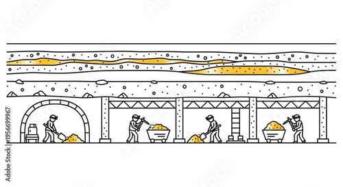 Gold Mining: A detailed illustration showing the process of gold mining, from underground excavation to ore processing and the collection of the precious metal.