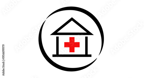 Healthcare Symbol: The simple yet impactful emblem of a healthcare facility, featuring a house integrated with a red cross, encased within a circular frame, representing care.