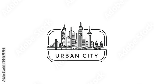 Urban City Silhouette: An elegant monochrome line art illustration of a modern cityscape, showcasing a skyline with iconic buildings and structures within a framed design.