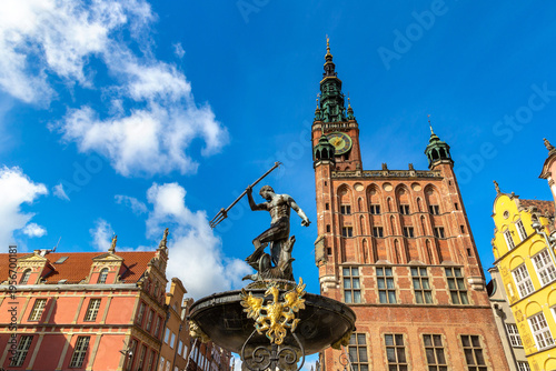 Neptune fountain and Town Hall in Gdansk, Poland