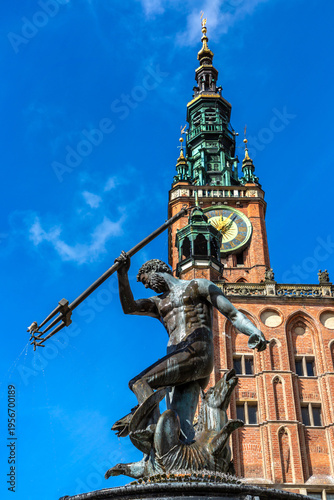 Neptune fountain and Town Hall in Gdansk, Poland