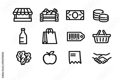 Set of black and white line icons for grocery shopping retail commerce and local market business including food money and service symbols