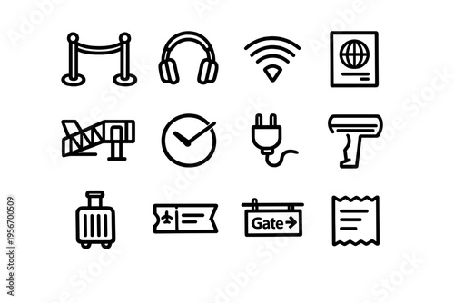 Set of airport and travel icons featuring luggage passport boarding pass gate sign headphones and wifi symbols on white background