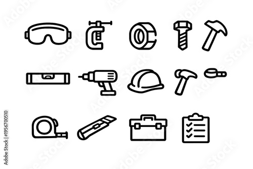 Set of construction and home repair tool icons including hammer drill hard hat and tape measure for building projects