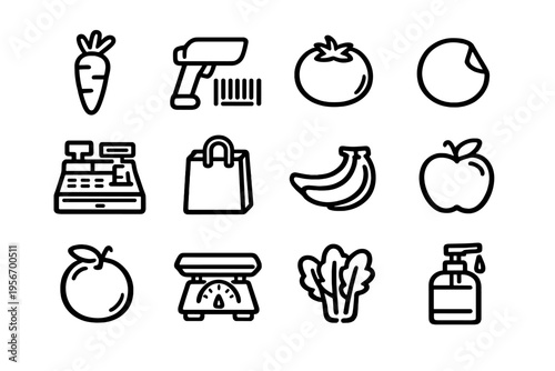 Grocery store and supermarket shopping icons set featuring fresh produce food items and retail equipment on white background