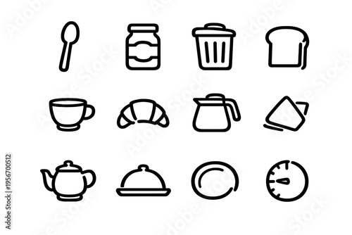 Set of kitchen and breakfast line icons including spoon jar bread cup croissant teapot and timer on white background