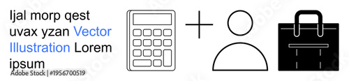 Business planning, financial management, accounting, corporate work, career growth, teamwork. Calculator, person briefcase with a plus symbol. Business planning and financial management ion