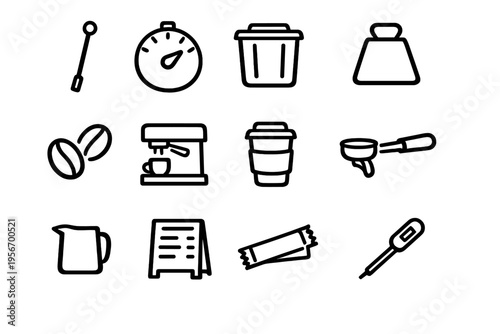 Minimalist coffee shop and cafe equipment line icons set featuring espresso machine beans takeaway cup and barista tools on white background