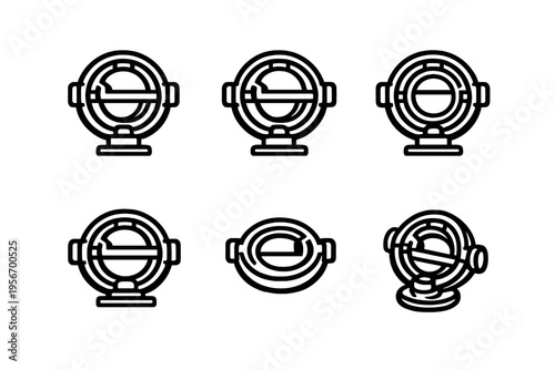 Set of black and white line icons representing mechanical gyroscope instruments with concentric rings and gimbal stabilizers on white