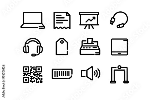 Collection of business and retail line icons including laptop receipt presentation chart headset price tag cash register and barcode