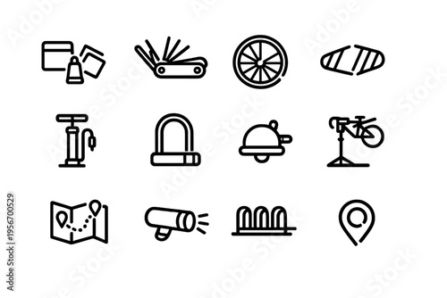 Set of bicycle maintenance and cycling accessories icons including pump lock tool and repair kit for outdoor sports and transportation