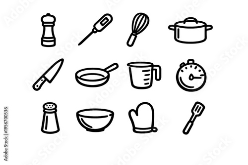 Minimalist black line icons of kitchen tools and cooking equipment including pot pan knife whisk and timer